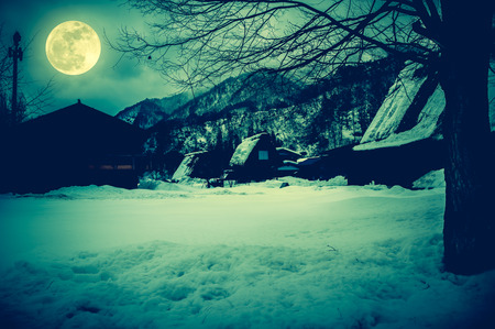 Snow covered the ground in winter. Silhouette of town and dry trees, night sky and full moon on green background. High contrast. Cross process and vintage tone. The moon were NOT furnished by NASA.の写真素材