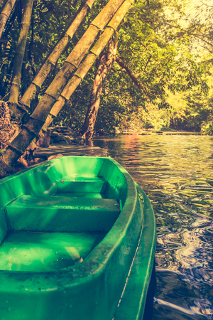 Plastic green rowboat and calm river with bamboo trees on nature background, vertical view. Outdoor at the daytime on summer day with bright sunlight. Cross process and vintage effect tone.の写真素材