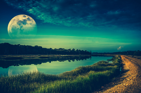 Beautiful landscape of green sky with cloud and fade half super moon above silhouettes of trees at riverside. Serenity nature background. Early evening outdoor. The moon taken with my camera.の写真素材