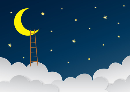 Surreal beautiful sky with crescent moon and ladders. Amazing blue dark night sky with many stars. Vector illustration.のイラスト素材