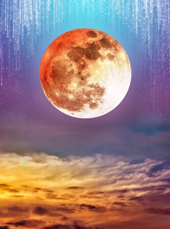 Photo Manipulation. Beautiful colorful skyscape with many stars and meteor shower. Landscape of night sky with super moon and cloudy. The moon were not furnished by NASA.の写真素材