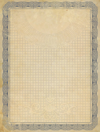 Grunge paper background with decorative vintage patterns and border.の写真素材