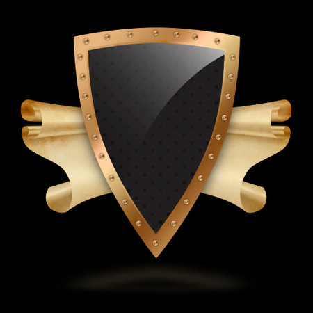 Golden riveted shield with antique parchment scroll on black background.の写真素材