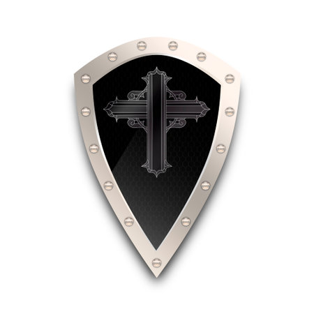 Medieval riveted shield with cross on white background.の写真素材