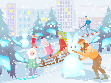 Joyful children in the winter on the streetのイラスト素材