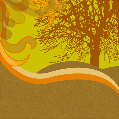 A silhouette of a tree on a hot summer day. Floral hills and meadows.のイラスト素材