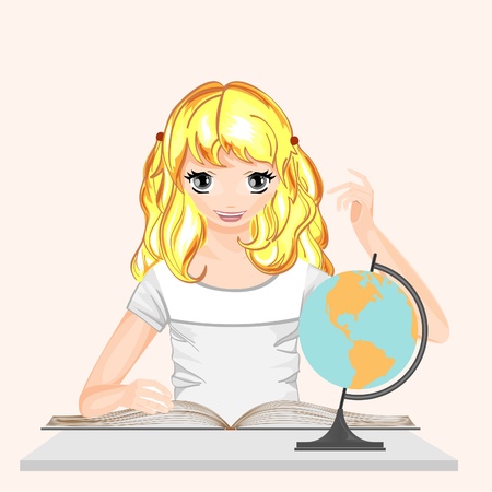 Girl with a book and a globe. Schoolgirl gets knowledge.のイラスト素材