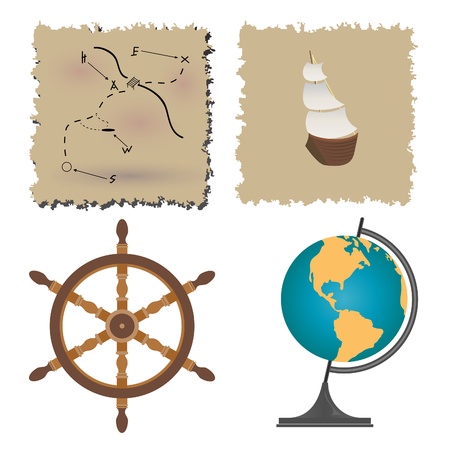 An old map showing a treasure. Ancient ship, steering wheel and the globe.のイラスト素材