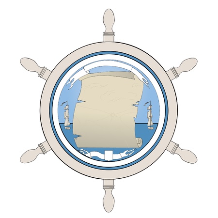 An old map showing a treasure. Ancient ship, steering wheel and the globe.のイラスト素材