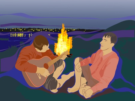 Sincere songs with a guitar. Friends in nature.のイラスト素材