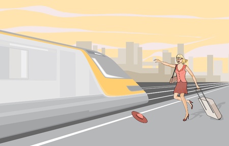 The girl missed the train. The girl ran behind the train.のイラスト素材