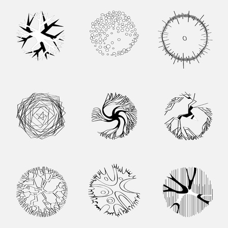A set of icons for landscape design. Image of trees on the plan.のイラスト素材