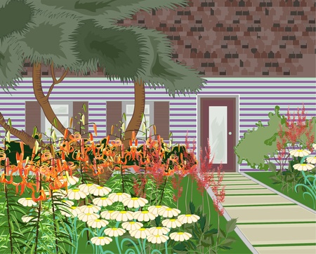 Landscaping at the main facade of the house. Garden next to the cottage.Blooming Garden.のイラスト素材