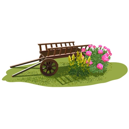 Antique design of a site for recreation. The cart with flowers in the sun on the site.Retro style in the landscapeのイラスト素材