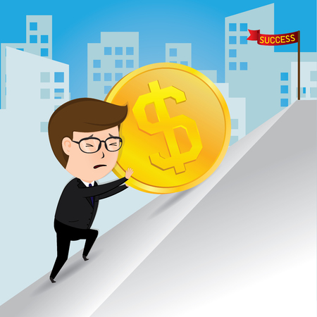 Businessman pushing a gold coins uphill, business concept, vectorのイラスト素材