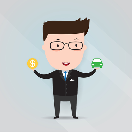 Businessman holding car icon in one hand and money icon, dollar sign, business concept, vector 10のイラスト素材