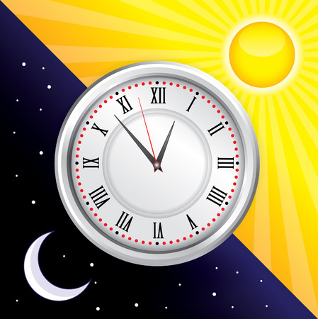 clock day and night, blue sky with sun and moon stars in nightのイラスト素材