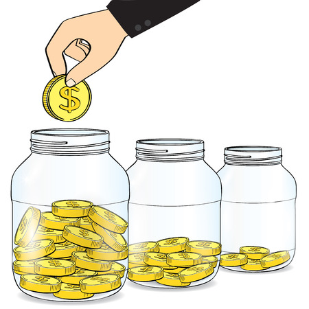 Hand putting gold coin in bottle, business concept vectorのイラスト素材