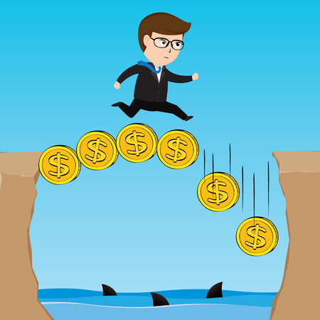 Businessman walking on gold coin precipice in mountains. Business concept, Illustration Vector eps10のイラスト素材
