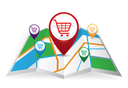 Pin Pointer with shopping cart symbol on Map icon, e-commerce concept vectorのイラスト素材