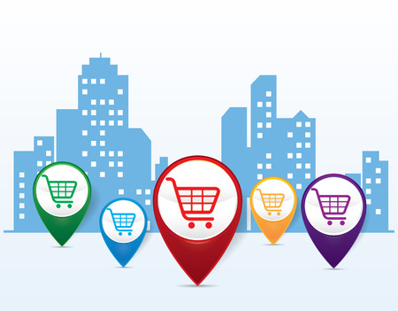shopping cart symbol on Pin Pointer with city silhouette, e-commerce concept vectorのイラスト素材
