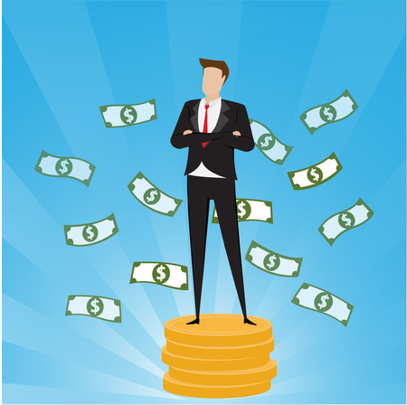 Business characters. Businessman standing on top of gold coins with money, Successful businessman concept.のイラスト素材