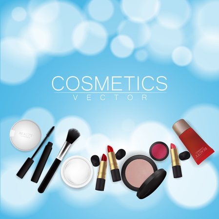 Sets of cosmetics on Blue Bokeh Background Vectorのイラスト素材