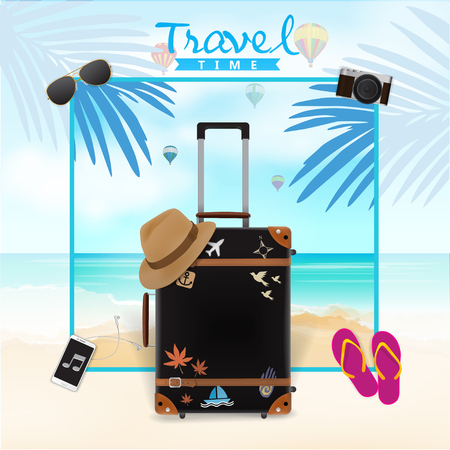 Travel Bag on Beach Background, Travel Time, Vectorのイラスト素材