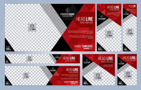 Red and Black Web banners templates, standard sizes with space for photo, modern designのイラスト素材