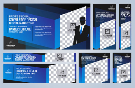 Set of Blue and Black Web banners templates, Coverpage Standard sizes with space. Vector illustrationのイラスト素材