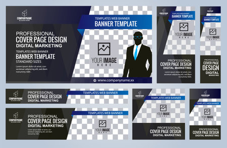 Set of Blue and Black Web banners templates, Coverpage Standard sizes with space. Vector illustrationのイラスト素材