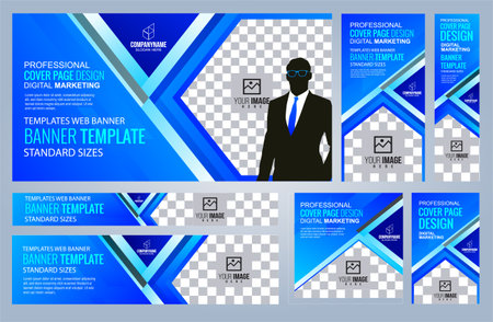 Set of Blue and Black Web banners templates, Coverpage Standard sizes with space. Vector illustrationのイラスト素材