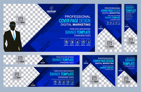 Set of Blue Web banners templates, Coverpage Standard sizes with space. Vector illustrationのイラスト素材