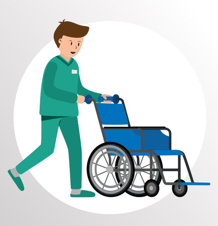 A nurse pushes an old man who is in a wheelchair in the hospital.のイラスト素材