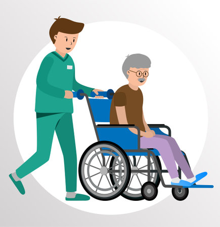 A nurse pushes an old man who is in a wheelchair in the hospital.のイラスト素材