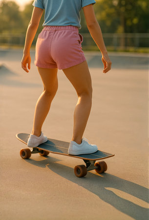 young woman skateboarder riding on skateboard on skatepark rampの写真素材