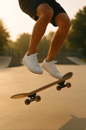 Skateboarder riding on skateboard at sunset, closeupの写真素材