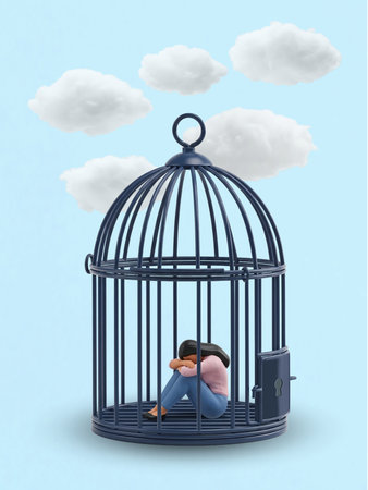 A miniature figure sits alone in a large birdcage. This powerful image represents feeling trapped by...