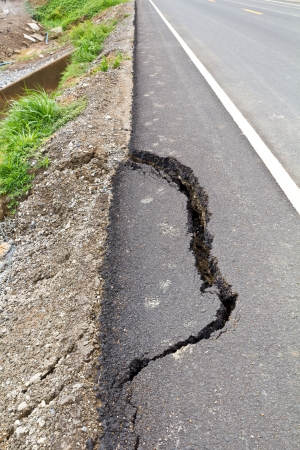 Ground collapse may cause the fracture surfaces of asphalt on the road, which is dangerous の写真素材