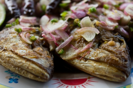 Close-up of fried salted mackerel topped with chili, onion and lemon の写真素材