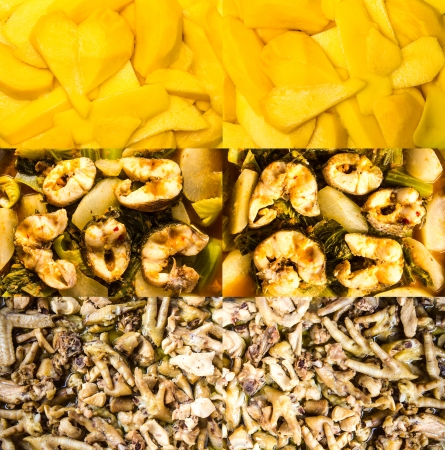 Collection of ripe mango, curry fish, chicken foot to make noodles の写真素材