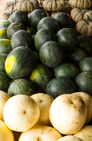 Pumpkin, watermelon, and cantaloupe which is placed for sale.の写真素材