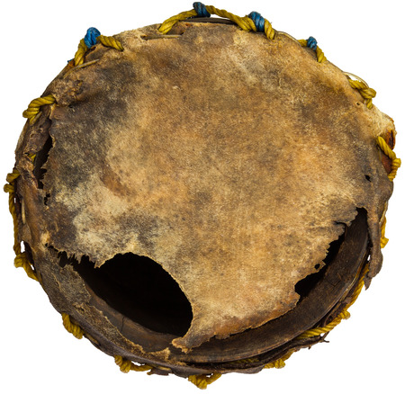 Isolates spherical surface tear the old leather drum made &#8203;&#8203;of Thailand.の写真素材