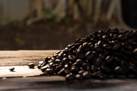 Still life of coffee beans in the dark, with the sun shining down some.の写真素材