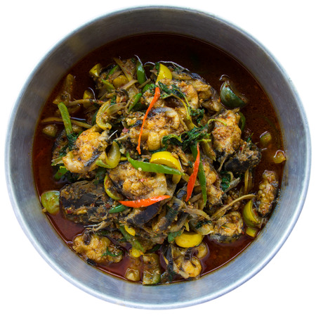 Isolates curry fish in the bowl above the sphere, which is a healthy herbs.の写真素材