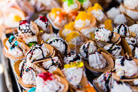 Close up of colorful marshmallow cream pancake eating are common.の写真素材