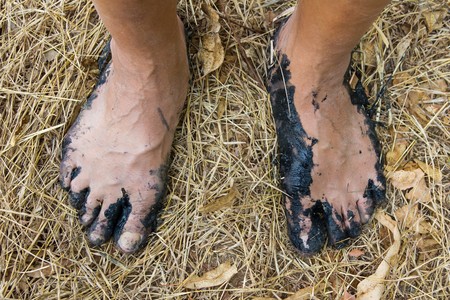 Above, barefoot, black mud, which stood on the ground dry grassの写真素材