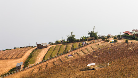 On cultivated land area is arid hillside cottage housing for agriculture.の写真素材