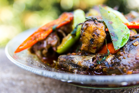 Close up of fish curry leaves, which are blurred in the background.