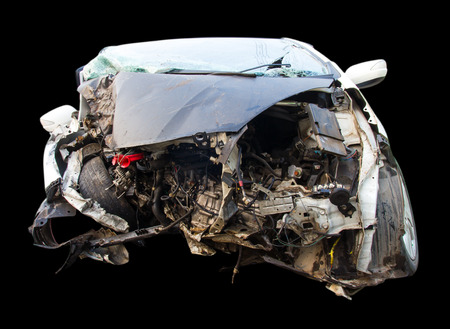 Isolated white car in front has been damaged by accident, hit a tree.の写真素材